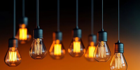 Hanging Filament Bulbs Shine Softly, Elegant Modern Interiors with Vintage Aesthetic and Warm Tones
