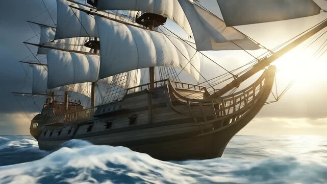 Majestic historic wooden warship with full sails powerfully cutting through dramatic, stormy ocean waves.
