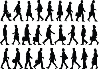 Fototapeta premium Business people silhouettes walking, carrying briefcases, men and women side view, black outline vector, corporate commute, office workers, professional lifestyle illustration