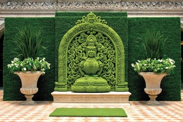 Ornate green sculpted figure, lush greenery, arched niche
