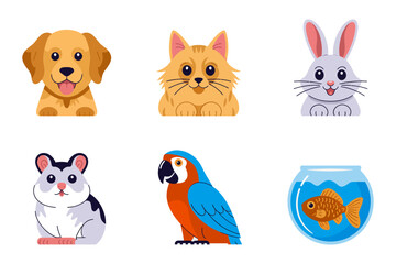 Cute pet icon set, dog cat rabbit mouse parrot fish vector, cartoon animal illustration, pet shop clipart, kids education design