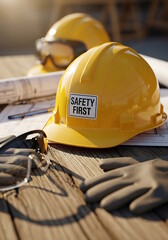 A close up shot of a yellow construction helmet with safety first sticker placed on a rugged wooden workbench at a construction site
