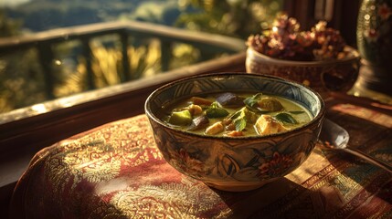 Authentic thai green curry recipe with coconut milk and vegetables served in a bowl on a table