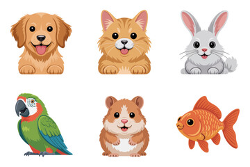 Pet pals character icons, puppy kitten rabbit parrot hamster goldfish vector, friendly animal illustration, family pet clipart, children learning set