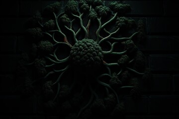 Dark, textured, circular, relief sculpture of a tree-like organism on a brick wall