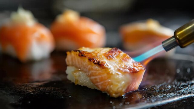 A grilled salmon sushi japanese cuisine with torch flamed seafood, highlighting caramelized fish surface and culinary atmosphere in close up cooking process