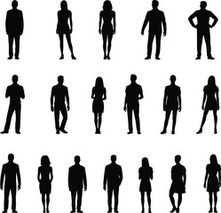 Silhouette people standing, male and female figures, human body shapes, black outline, group characters, vector illustration, business casual, full length