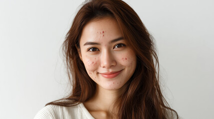Portrait of a woman with acne and skin imperfections smiling