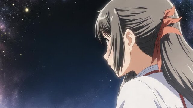 Anime girl in profile looking at the dark night sky