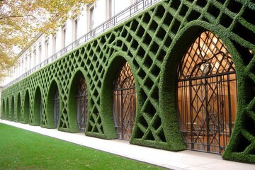 Ornate facade with lush green hedges forming arches over windows