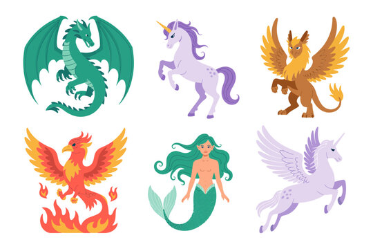 Mythic creature badge icons, dragon unicorn phoenix mermaid pegasus vector, fantasy emblem illustration, magic symbol clipart, decorative design set
