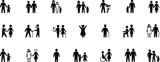 Family and relationship icons including parents, children, elderly couples, and diverse families in inclusive black silhouette pictogram style