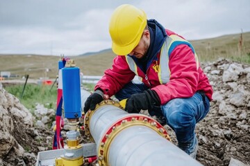 Employee checks gauges on a crude oil pipeline in a rugged area under cloudy skies