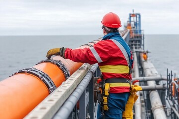 Worker in safety gear conducts inspection of large pipeline extending across water to the horizon