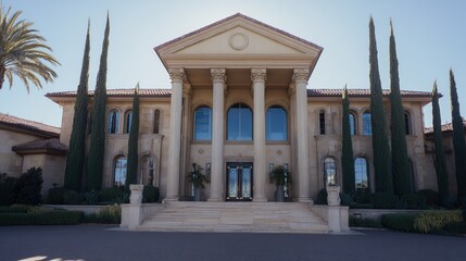 Obraz premium An elegant residence with classical columns, framed by blue skies and lush greenery.