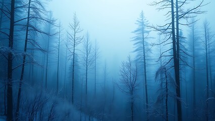 Obraz premium Misty winter forest in cool blue hues, painted with a dreamy watercolor aesthetic.