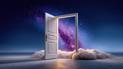 Open door with galaxy view and clouds under night sky