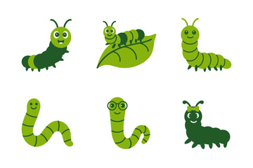 Cute caterpillar cartoon icons, inchworm and leaf vector, green bug illustration, preschool education clipart, kids sticker set