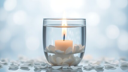 Candle flame reflected in water with floating petals against a soft blue bokeh background.