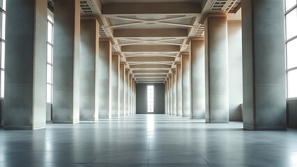Vast architectural space with smooth concrete columns and diffused natural light, symmetrical and minimalist.
