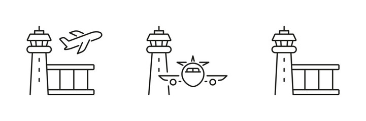 Airport Control Tower And Airplane Line Icon Set. Aviation Management, Flight Operations, And Air Traffic Control Outline Symbol Collection. Editable Stroke. Isolated Vector Illustration