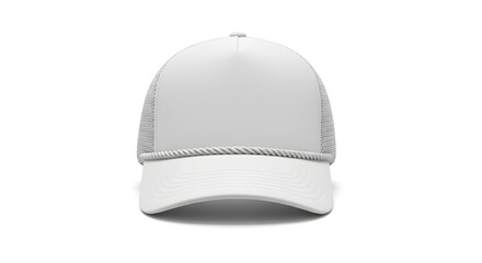 Front View of a White Trucker Hat with Mesh and Rope Detail.