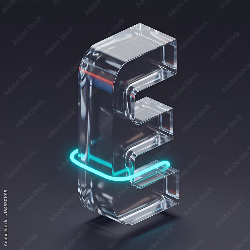 Aufkleber transparent capital letter e with neon teal outline in a modern design. 3d rendering of a graphic el