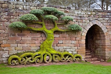 Sculpted tree on a stone wall, moss-covered roots
