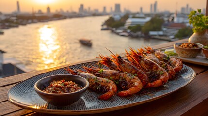 Grilled shrimp with dipping sauce recipe on a plate with river and city view at sunset background