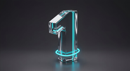 Glossy number one with teal neon lighting on a dark studio backdrop. Geometric, modern, and clean design for a graphic designer in a virtual studio environment.