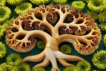 Intricate, carved tree design on teal