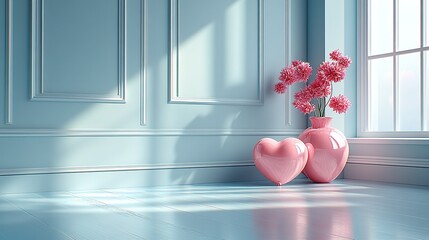 Versatile Decoration for Valentine's and Mother's Day with 3D Heart Balloons Flying on Blue Background, Banner Template Copy Space Collage Style.