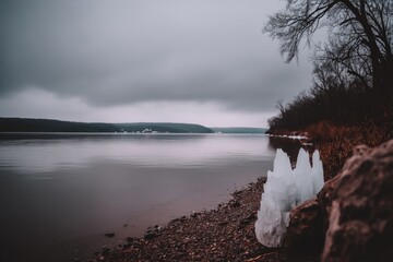 Cloudy riverbank with icy formations