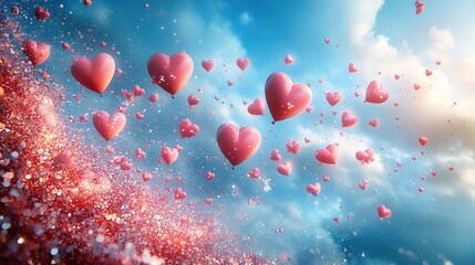 Collage Style Photo Manipulation 3D Heart Balloons Flying on Blue Background for Valentine's Decoration Design with Copy Space.