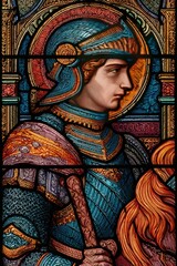 Obraz premium Stained glass depiction of a knight. Detailed profile view of a medieval warrior, wearing ornate armor, including a helmet. Vibrant colors in stained glass style. Intricate details and textures