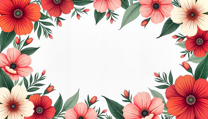 Floral frame with red and pink flowers on white background
