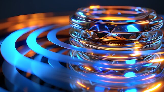Close-up 3D render of a quantum crystal chip glowing in layered energy rings with blue heat trails .