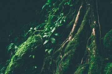 Lush green moss-covered roots in a dark jungle