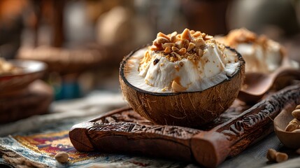Delicious coconut ice cream dessert recipe served in a coconut shell with nuts and caramel for summer treat