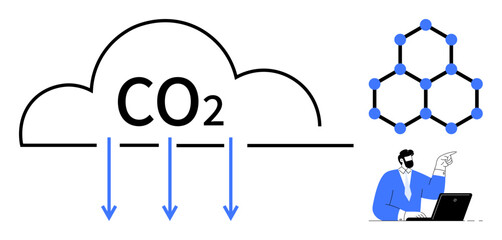 CO2 cloud with downward arrows, a molecular structure, and a researcher using a laptop. Ideal for sustainability, climate solutions, science, technology, green energy, innovation simple flat