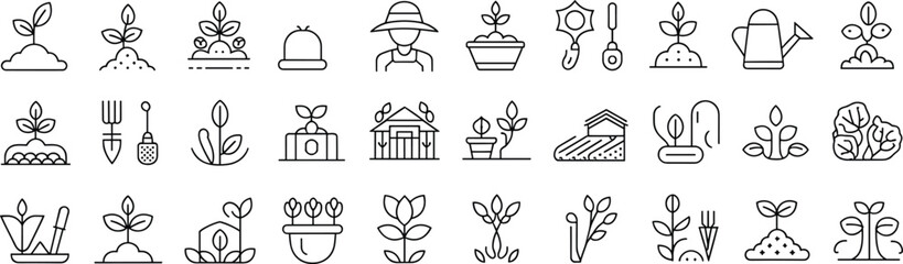 Gardening line icons set with plants, tools, soil, seedlings, watering, and farming elements, perfect for eco, agriculture, and nature designs