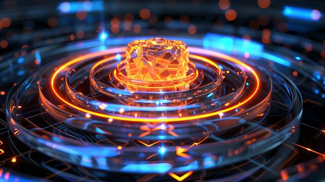 Close-up 3D render of a quantum crystal chip glowing in layered energy rings with blue heat trails . - Powered by Adobe