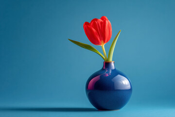 A vibrant red tulip in a glossy blue vase, set against a solid teal backdrop. Minimalist and elegant.