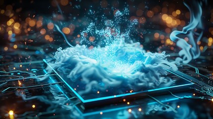 Digital quantum system embedded in a vibrant electric-blue substrate, emitting particle trails outward .