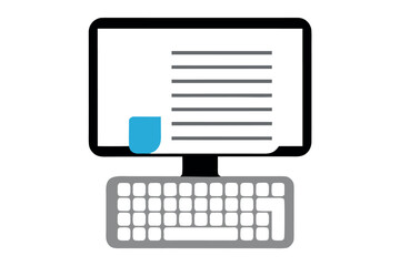 Computer Monitor and Keyboard Displaying Text and Blue Shape on White Background technology
