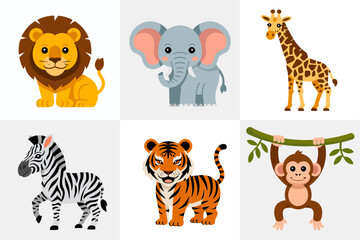 Safari wildlife icon set, zebra tiger elephant giraffe monkey vector, cute animal illustration, jungle safari clipart, kids education design