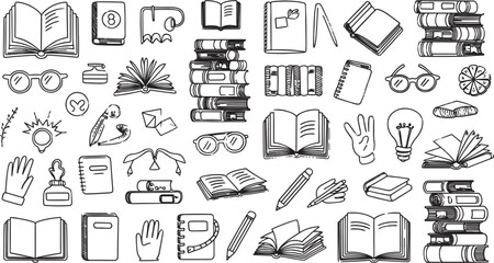 A seamless pattern of hand drawn books glasses and writing implements on a white background surface