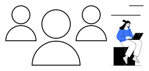 Person typing on laptop while three abstract profiles suggest collaboration. Ideal for teamwork, remote communication, digital networking, online business, education, productivity, simple flat