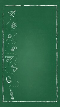 calk border frame and stationary elements on green chalkboard animation, back to school education and science vertical social media motion background	