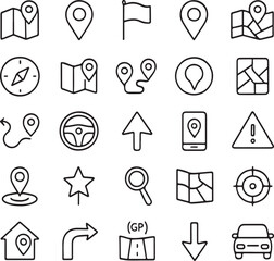 Fototapeta premium Collection of hand drawn navigation and location icons including maps pins compass steering wheel and destination markers